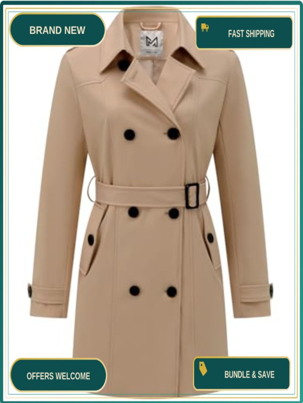 Women's Double-Breasted Belted Trench Coat Water Resistant Long Sleeve